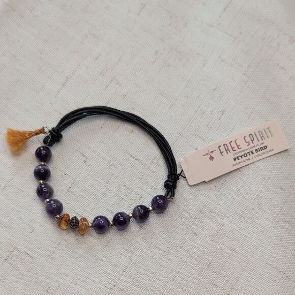 NWT Peyote Bird Santa Fe Amethyst Sterling Silver Amber Beaded Leather Bracelet - Picture 2 of 8